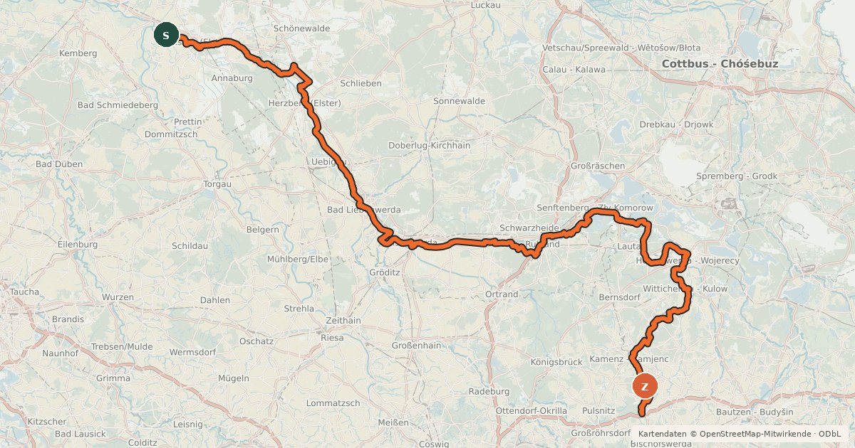 Kartenübersicht der Radroute Schwarze Elster Radweg