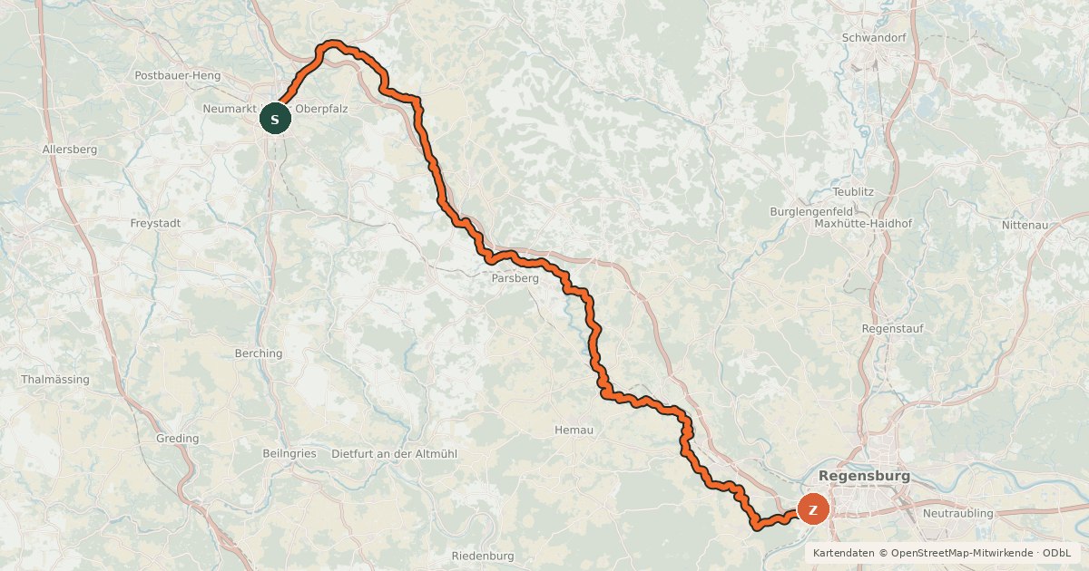 Kartenübersicht der Radroute Schwarze-Laber-Radweg