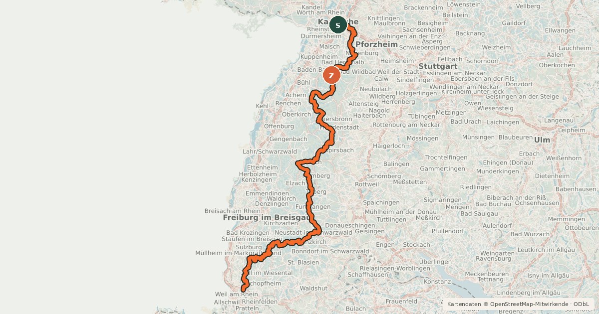 Kartenübersicht der Radroute Schwarzwald-Radweg