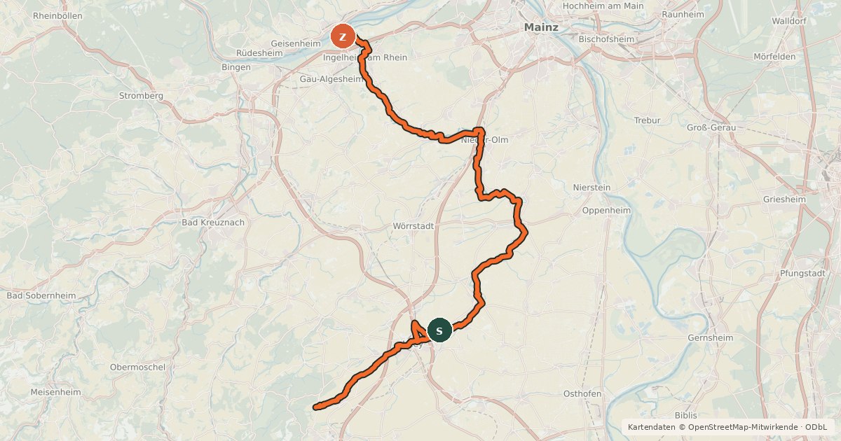 Kartenübersicht der Radroute Selztalradweg