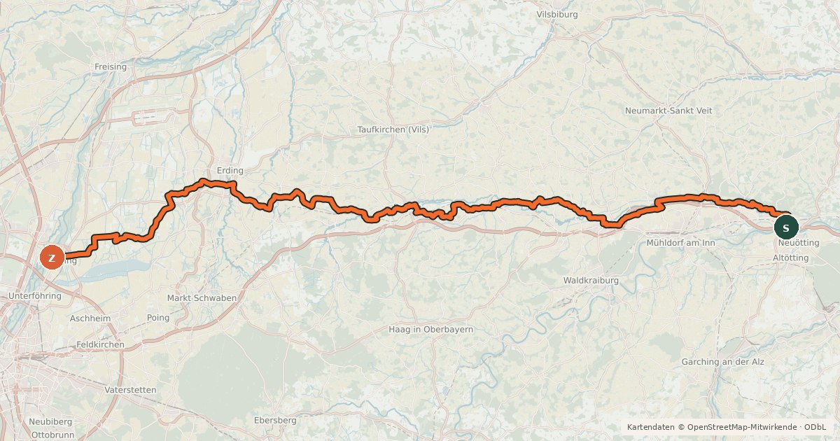 Kartenübersicht der Radroute Sempt-Isen-Radweg