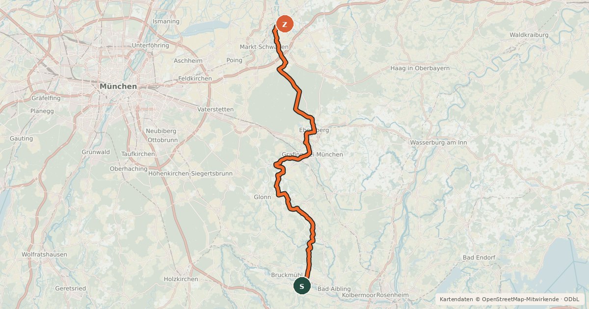 Kartenübersicht der Radroute Sempt-Mangfall-Radweg