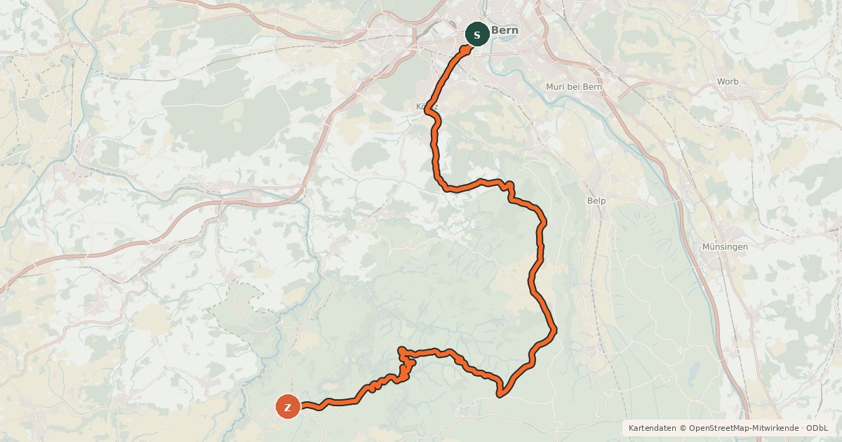Kartenübersicht der Radroute Sense–Glâne–Veveyse