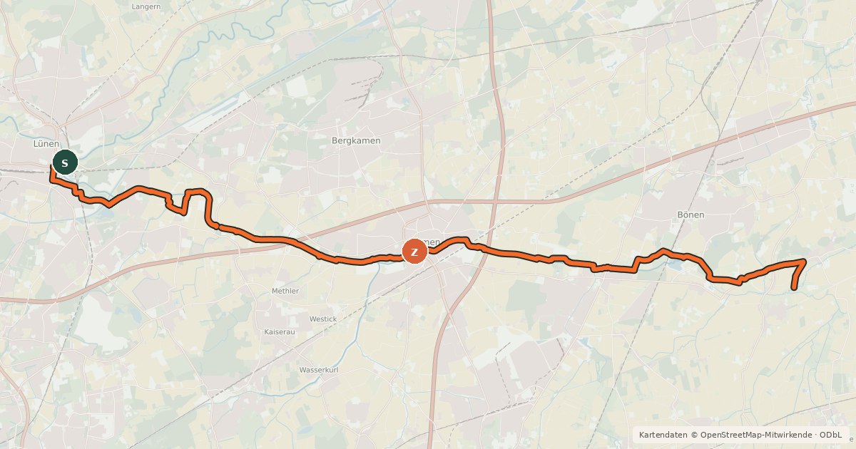 Kartenübersicht der Radroute Seseke-Radweg