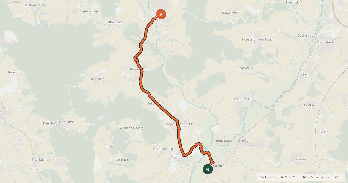 Kartenübersicht der Radroute Seßlach-Itzgrund-Radweg