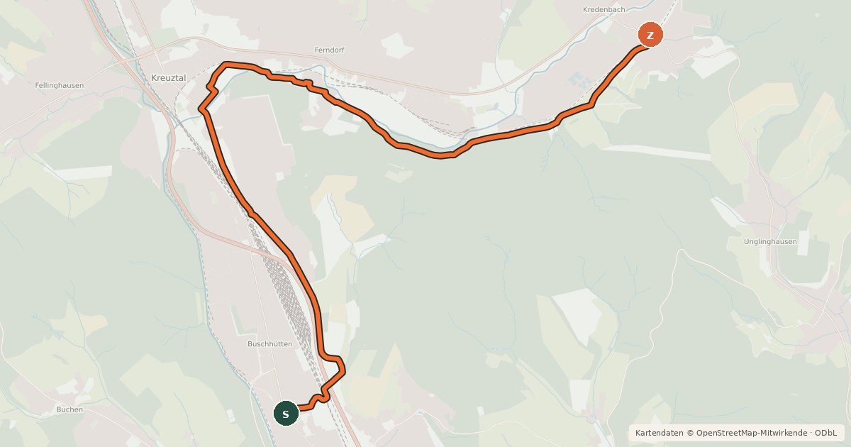 Kartenübersicht der Radroute Siegen (48) - (52) Kreuztal-Kredenbach