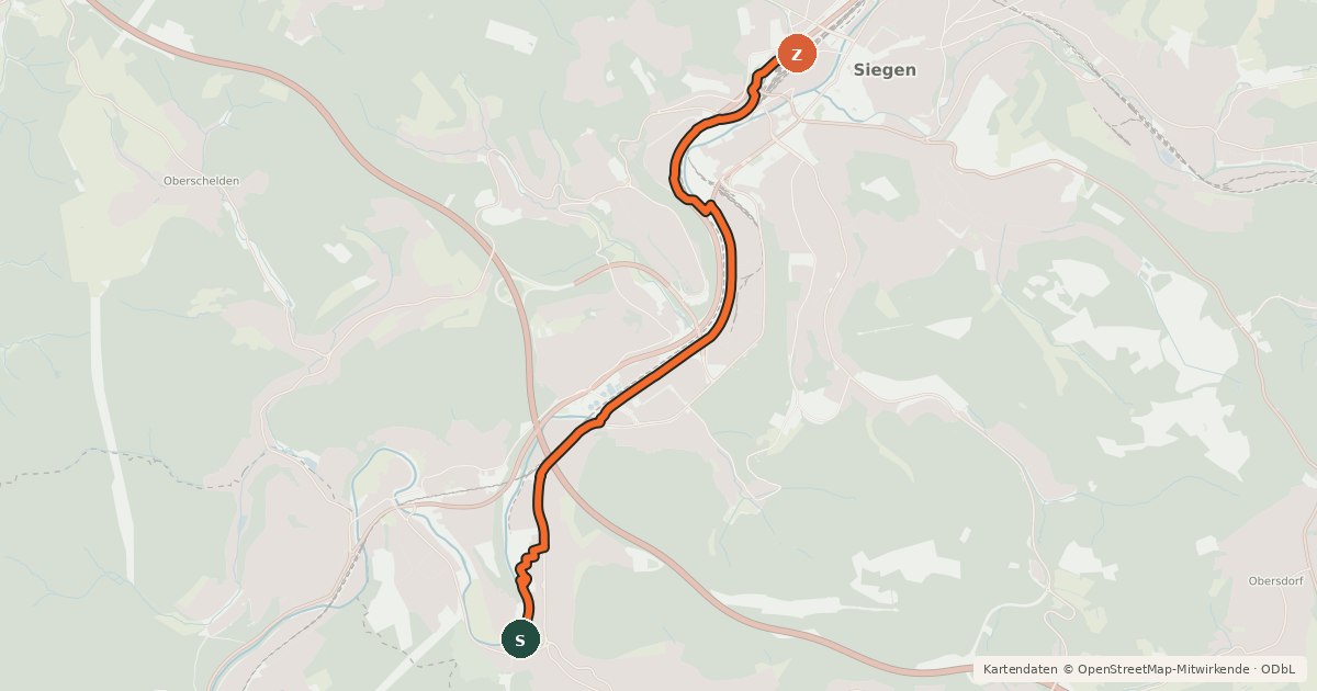 Kartenübersicht der Radroute Siegen Eiserfeld (37) - (38) Siegen