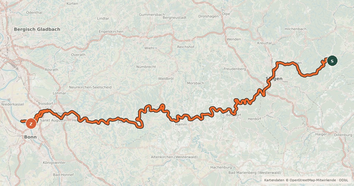 Kartenübersicht der Radroute Siegtal-Radweg