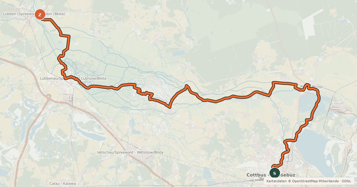 Kartenübersicht der Radroute Spreeradweg [Cottbus↔Lübben]