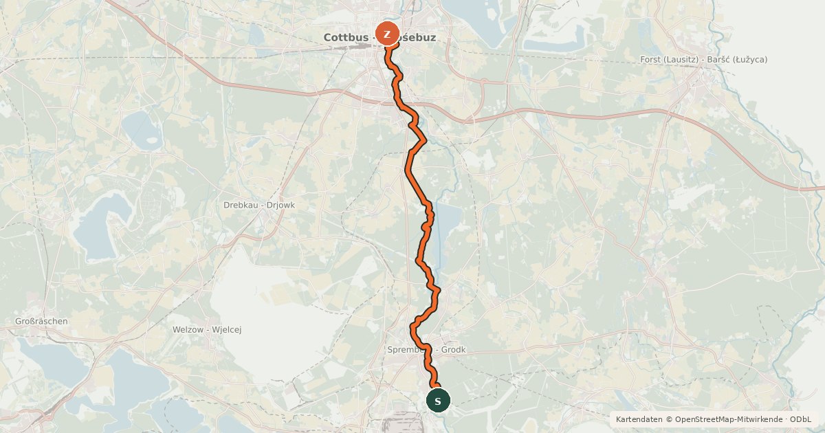 Kartenübersicht der Radroute Spreeradweg (Zerre-Cottbus)