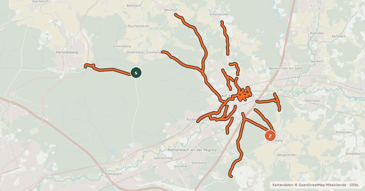 Kartenübersicht der Radroute Stadtnetz Lauf