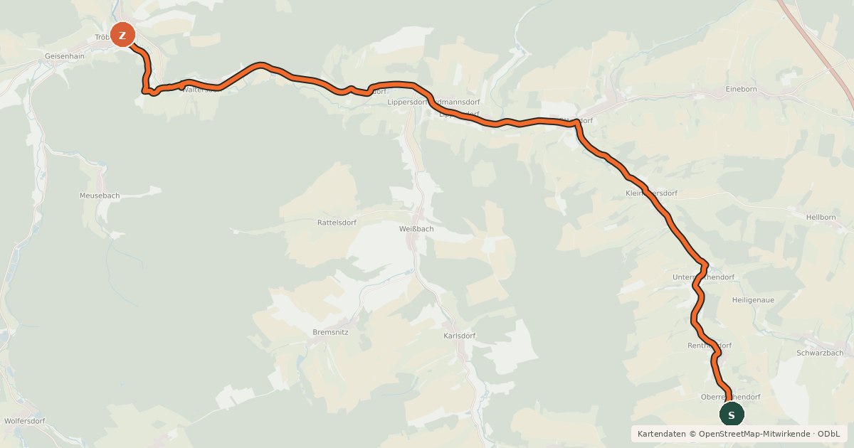 Kartenübersicht der Radroute Stadtroda - Triptis