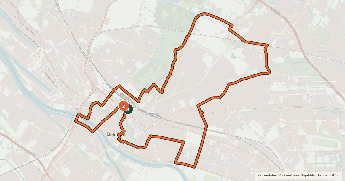 Kartenübersicht der Radroute Stadtrundweg Bremen - große Route