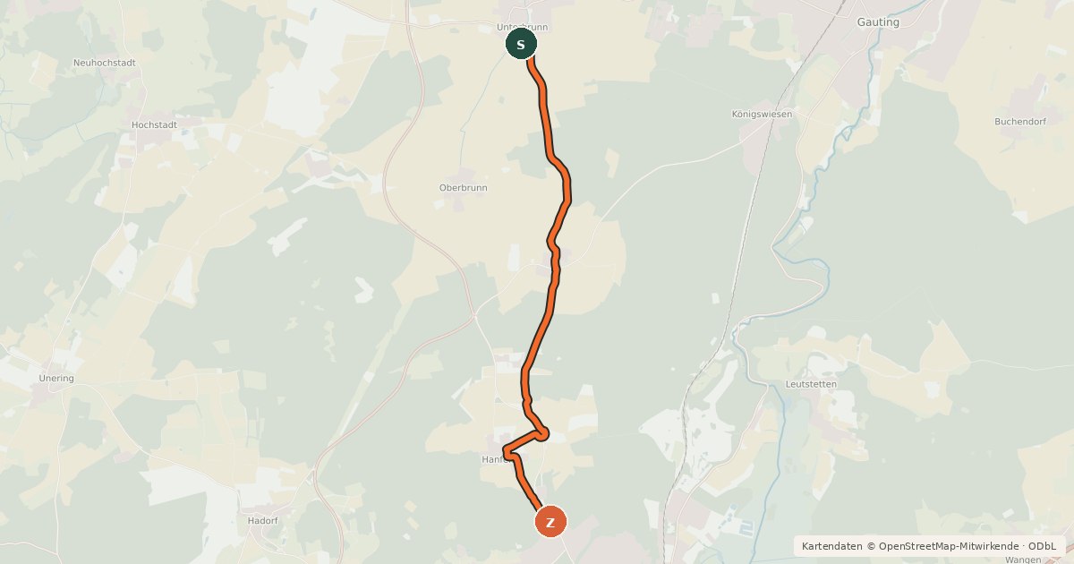 Kartenübersicht der Radroute Starnberg - Unterbrunn