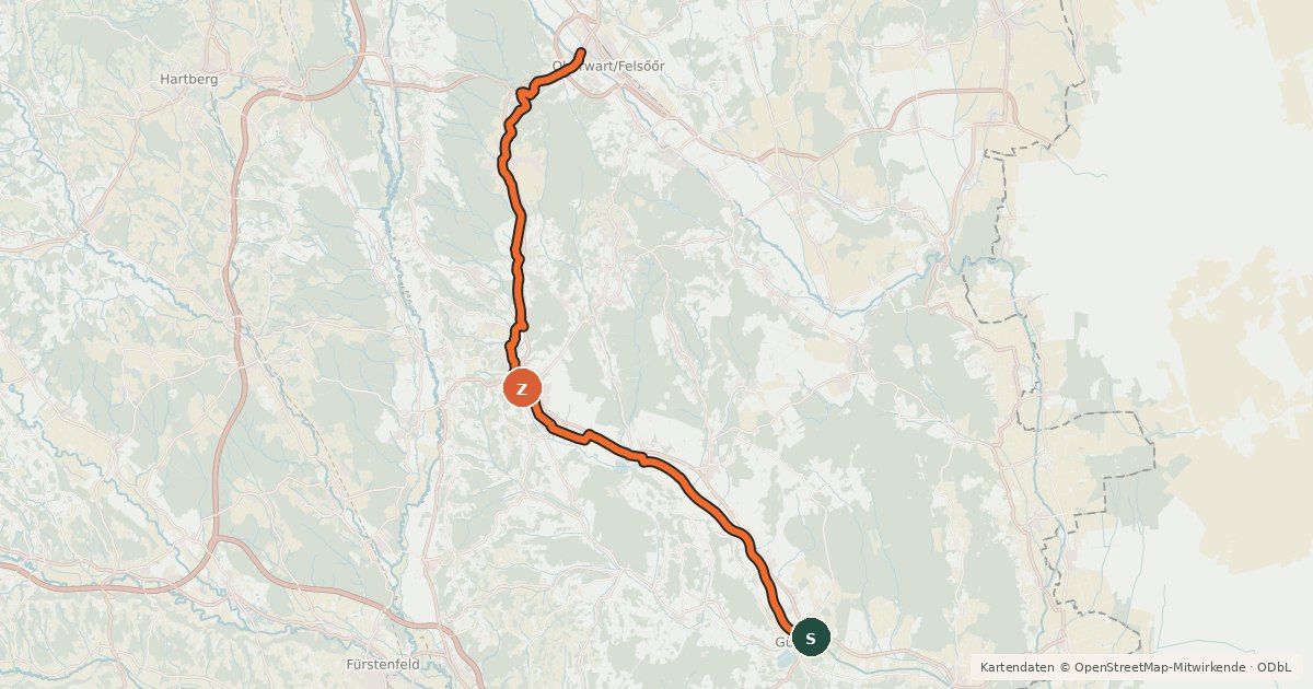 Kartenübersicht der Radroute Stremtal-Radwanderweg
