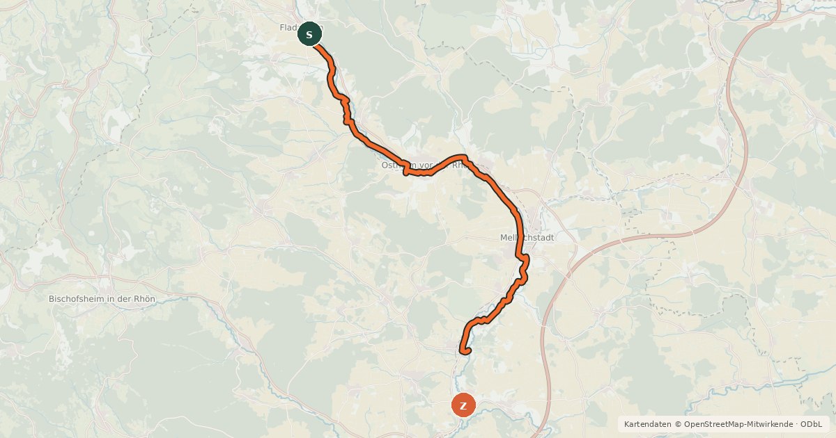 Kartenübersicht der Radroute Streutal Radweg