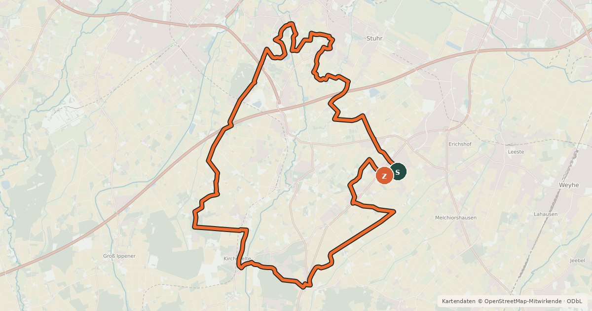 Kartenübersicht der Radroute Stuhrtour Südroute