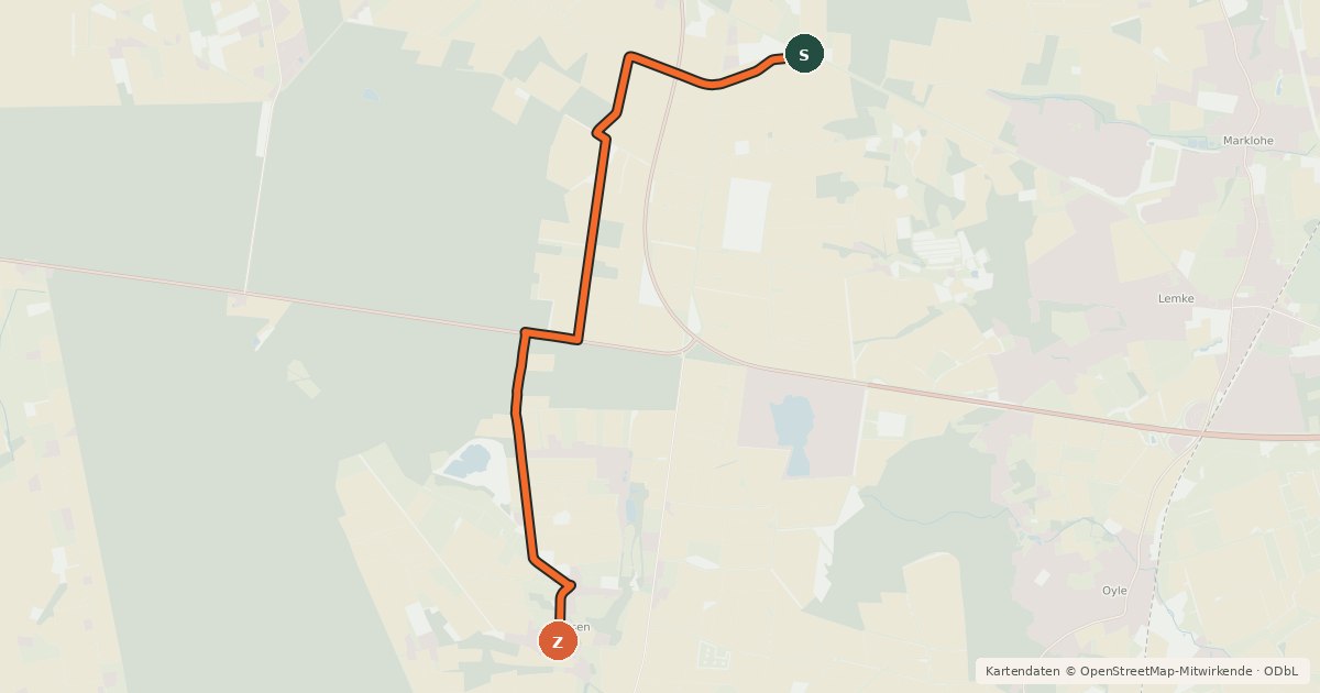 Kartenübersicht der Radroute Sudhalenbeck, Bremer Straße - Glissen, Am Rohrbach