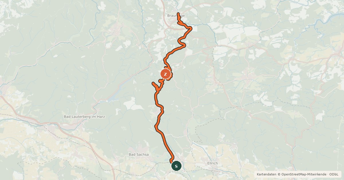 Kartenübersicht der Radroute Südharzeisenbahn-Radweg