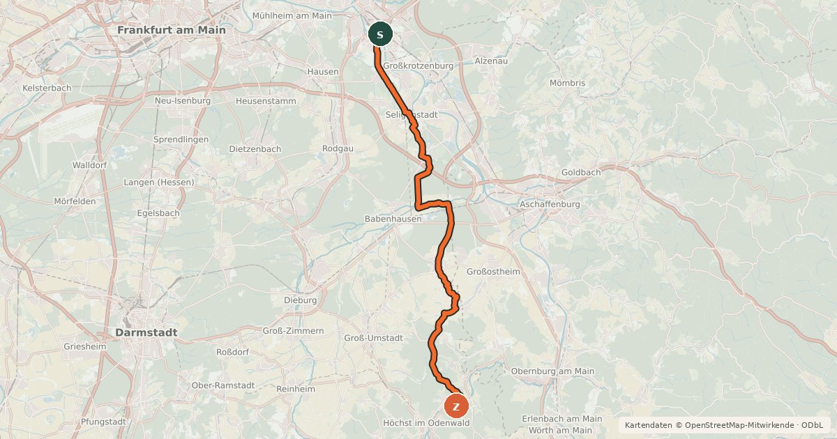 Kartenübersicht der Radroute Südhessen-Route 1
