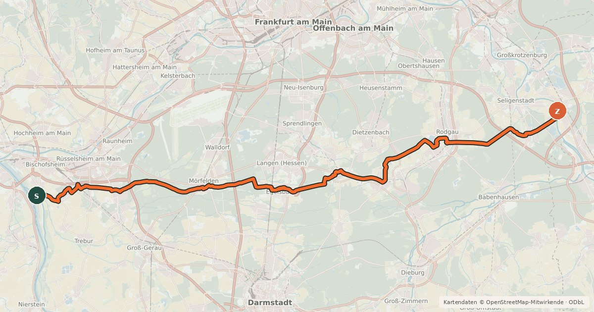 Kartenübersicht der Radroute Südhessen-Route 10