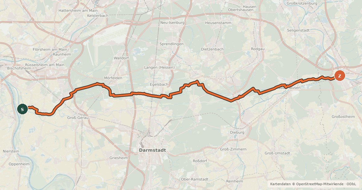 Kartenübersicht der Radroute Südhessen-Route 12