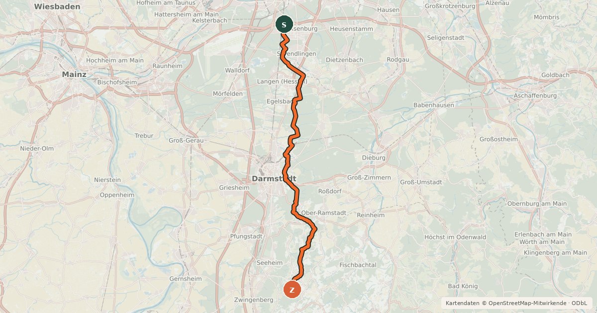 Kartenübersicht der Radroute Südhessen-Route 13