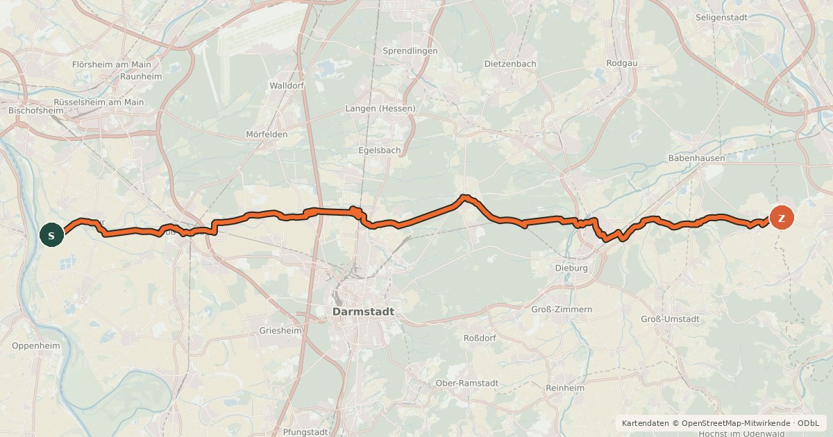 Kartenübersicht der Radroute Südhessen-Route 14