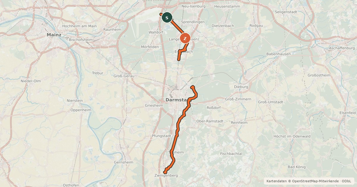 Kartenübersicht der Radroute Südhessen-Route 15