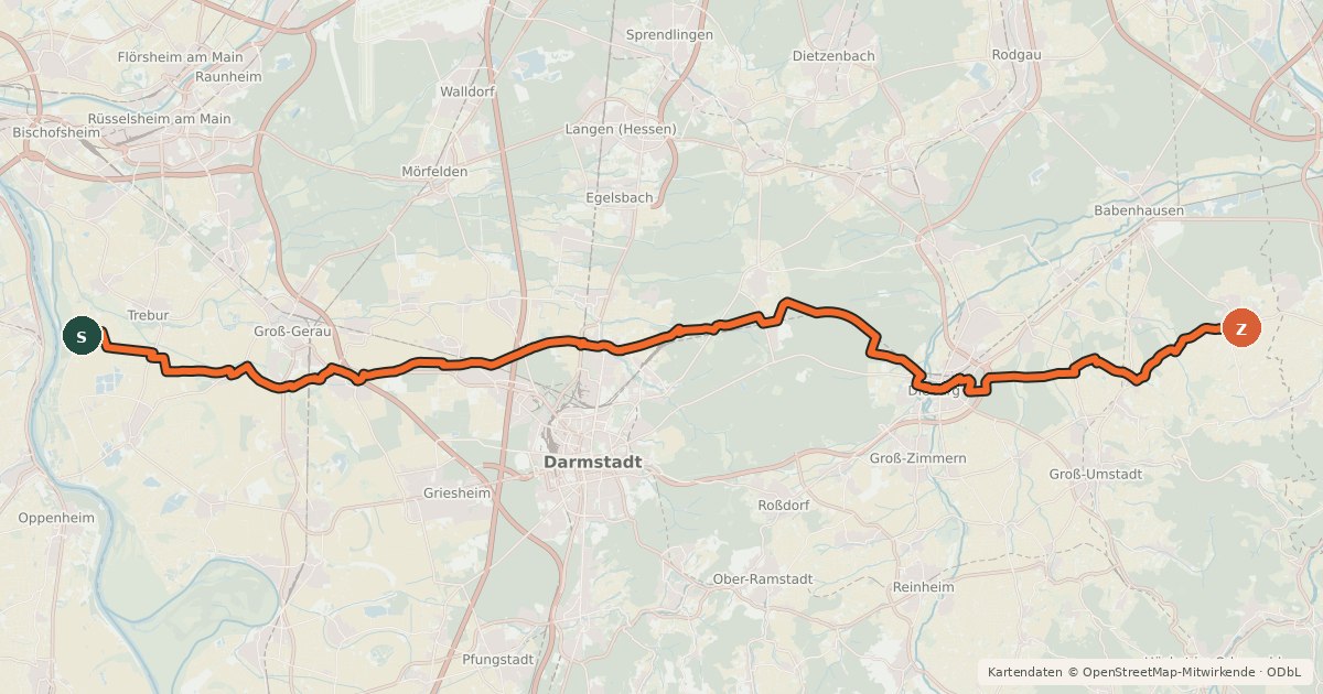 Kartenübersicht der Radroute Südhessen-Route 16
