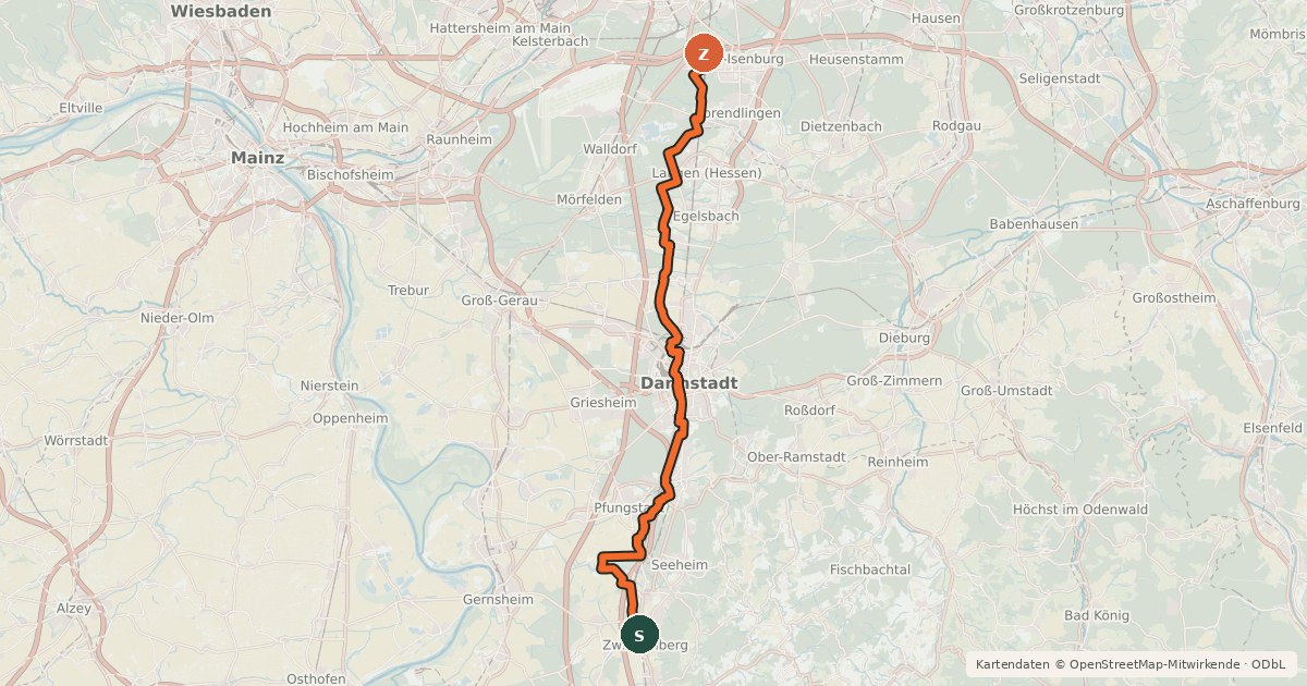 Kartenübersicht der Radroute Südhessen-Route 17