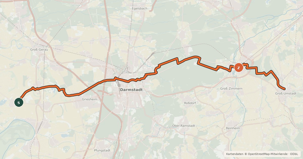 Kartenübersicht der Radroute Südhessen-Route 18