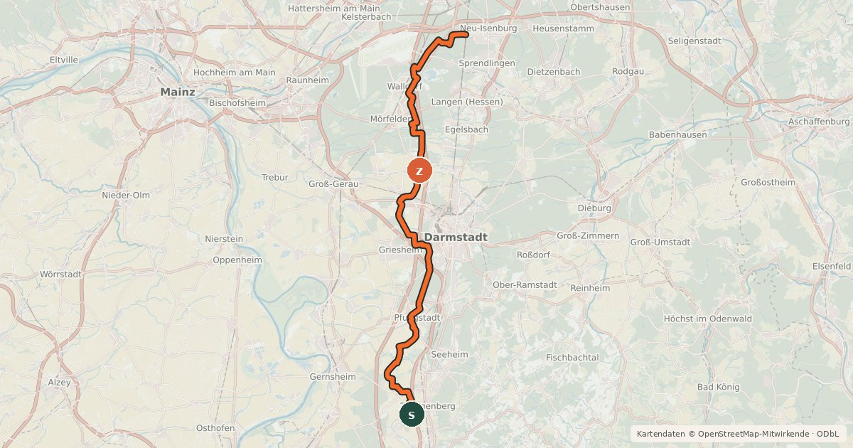 Kartenübersicht der Radroute Südhessen-Route 19