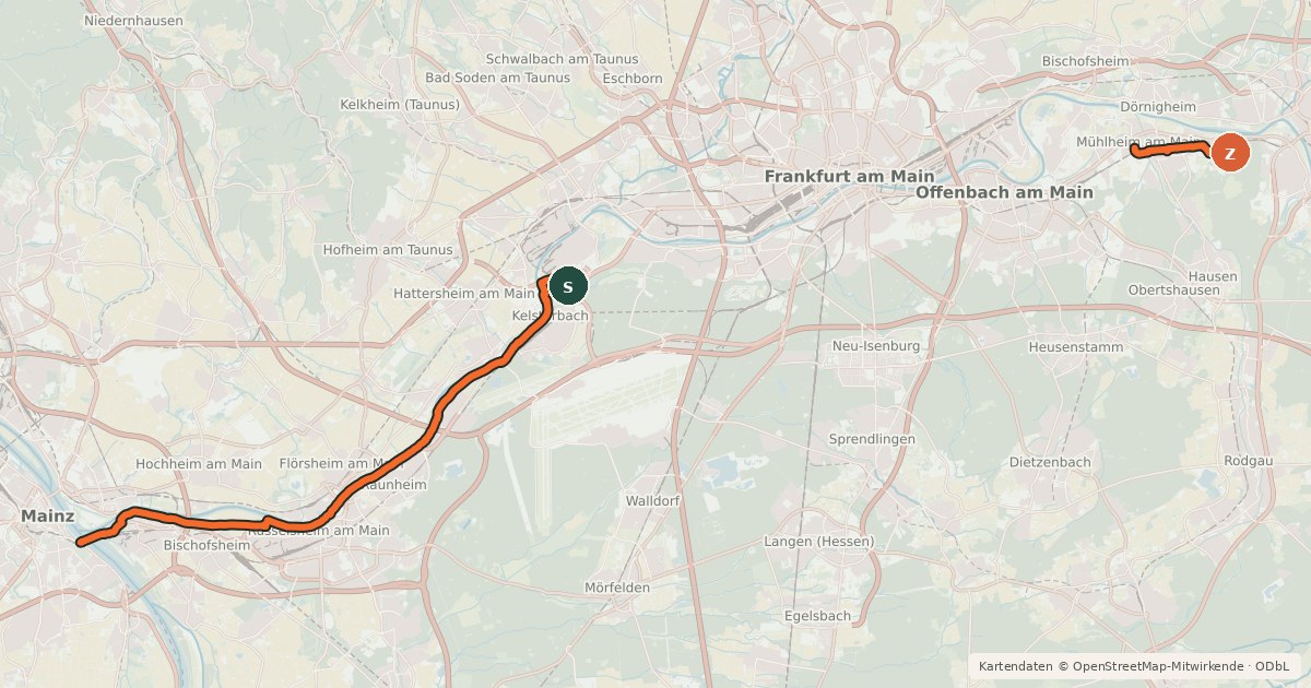 Kartenübersicht der Radroute Südhessen-Route 2