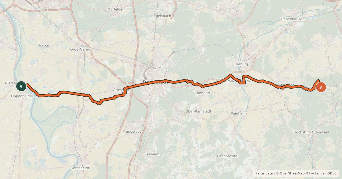 Kartenübersicht der Radroute Südhessen-Route 20