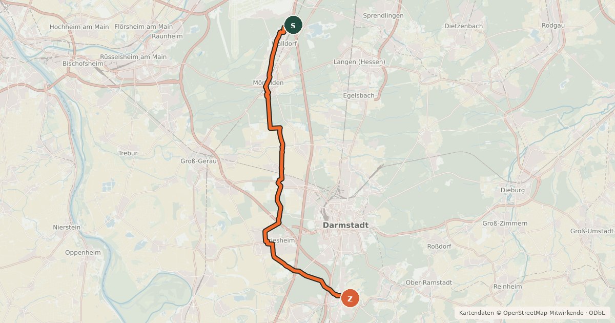 Kartenübersicht der Radroute Südhessen-Route 21