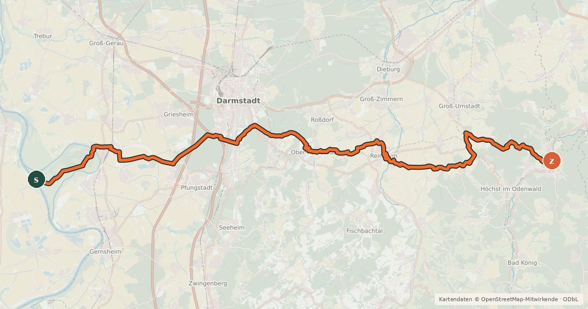 Kartenübersicht der Radroute Südhessen-Route 22