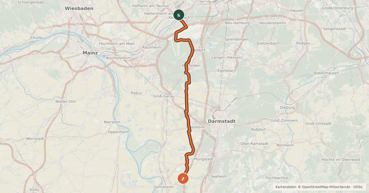Kartenübersicht der Radroute Südhessen-Route 23
