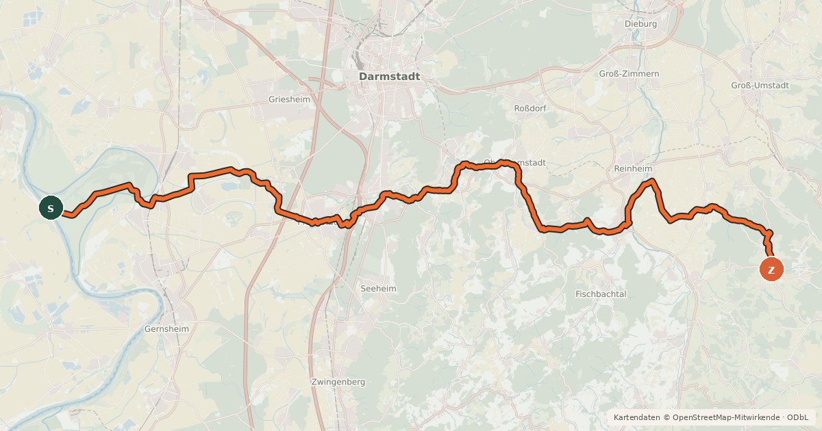 Kartenübersicht der Radroute Südhessen-Route 24