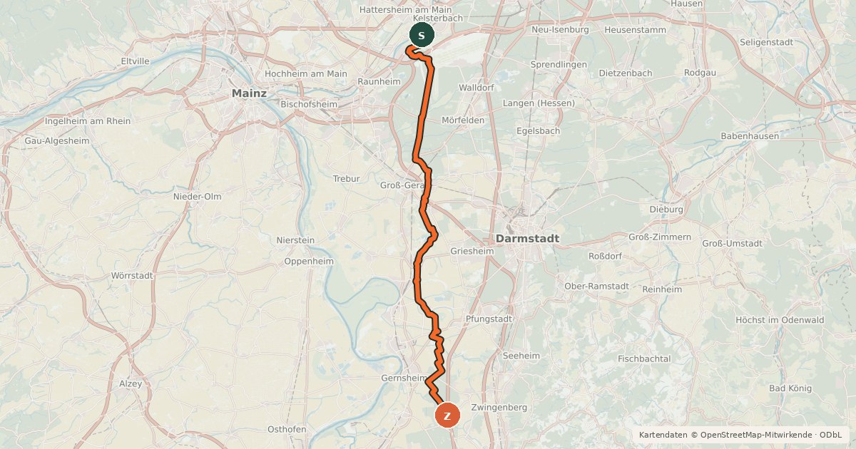 Kartenübersicht der Radroute Südhessen-Route 25