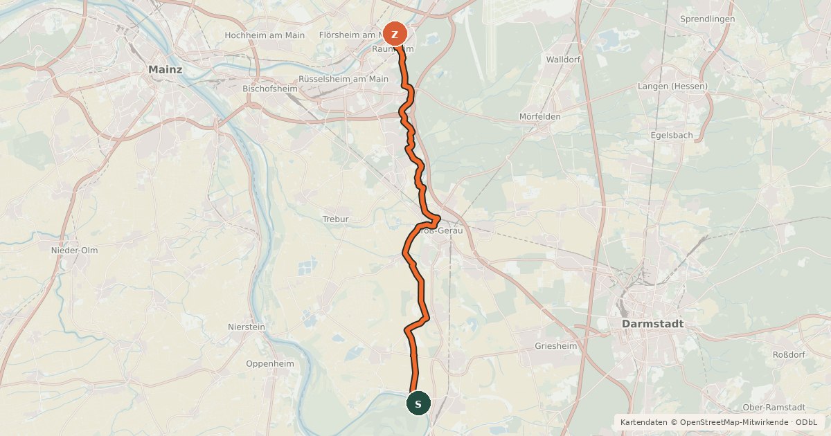 Kartenübersicht der Radroute Südhessen-Route 27