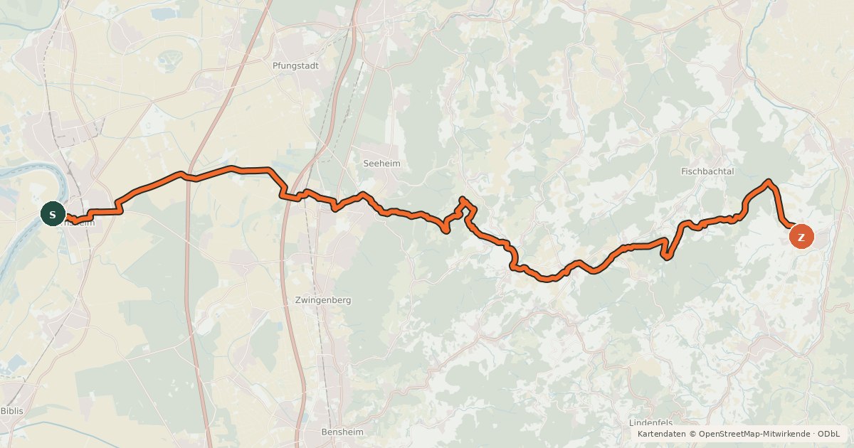 Kartenübersicht der Radroute Südhessen-Route 28