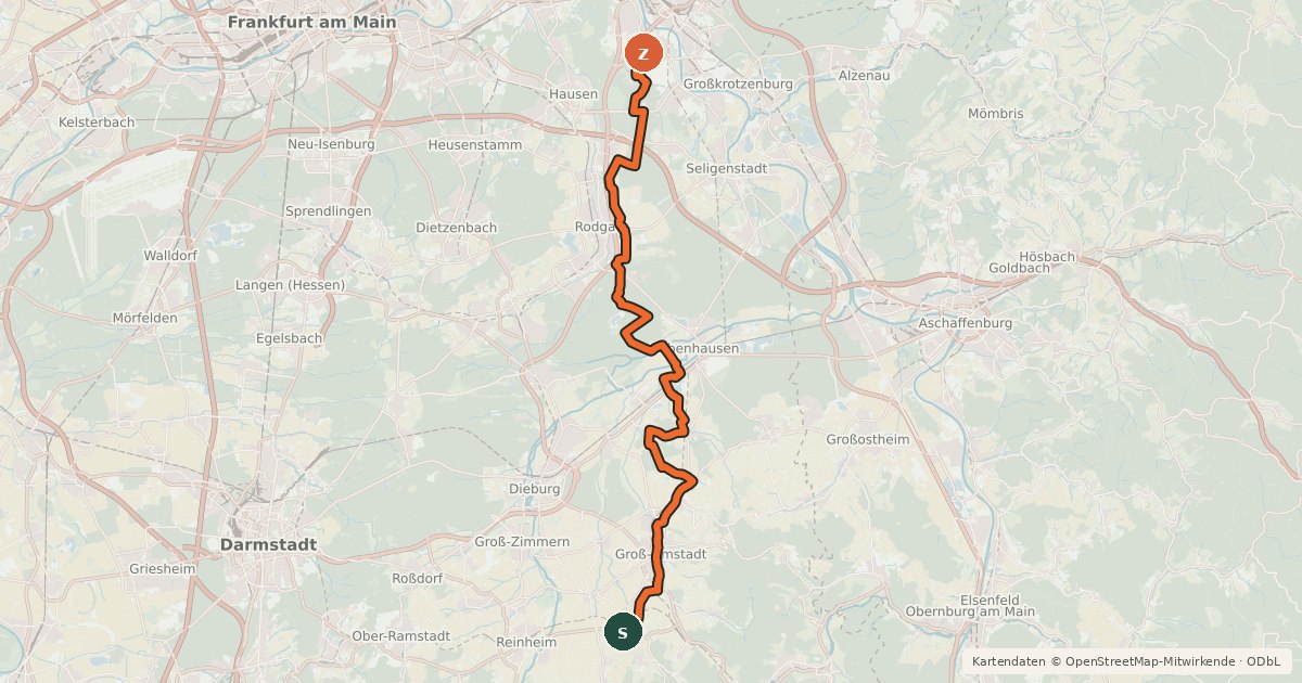Kartenübersicht der Radroute Südhessen-Route 3