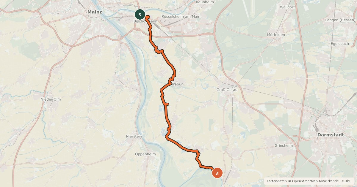 Kartenübersicht der Radroute Südhessen-Route 31