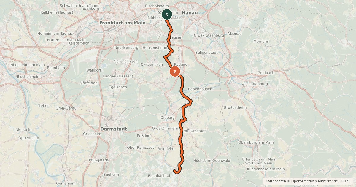 Kartenübersicht der Radroute Südhessen-Route 5