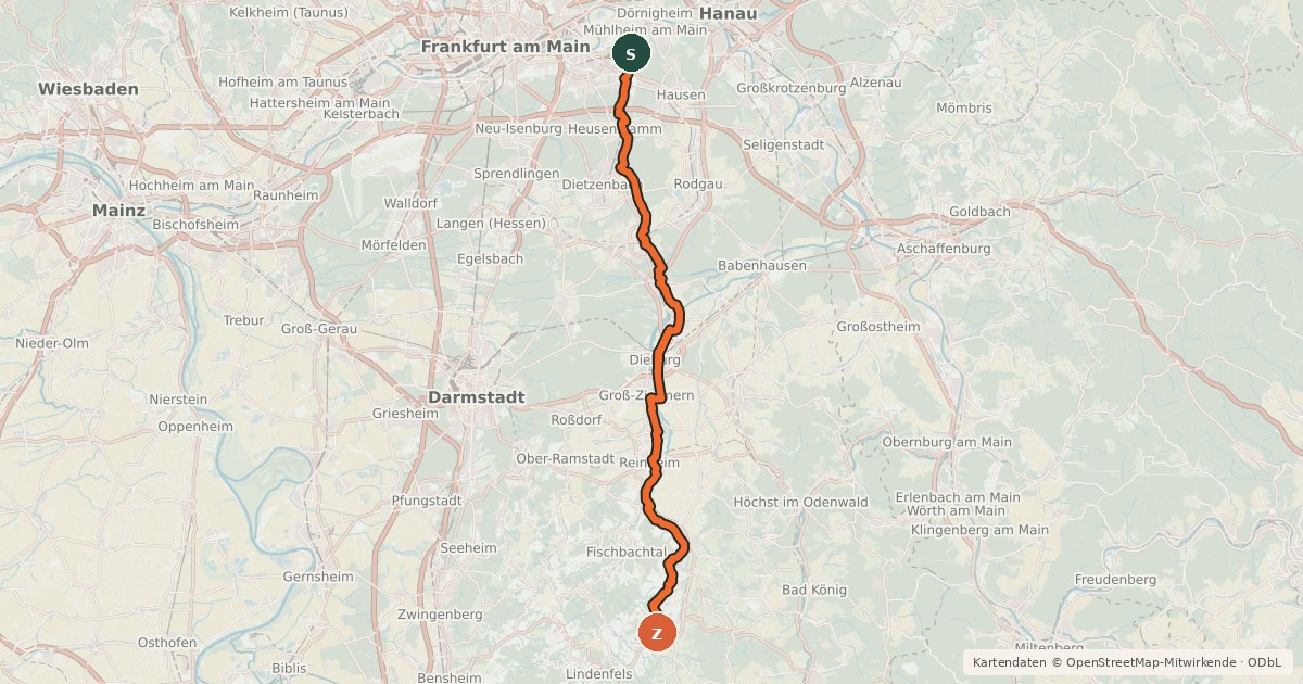 Kartenübersicht der Radroute Südhessen-Route 7