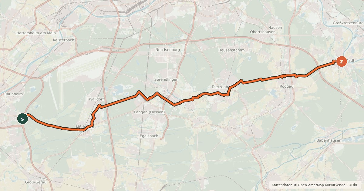 Kartenübersicht der Radroute Südhessen-Route 8