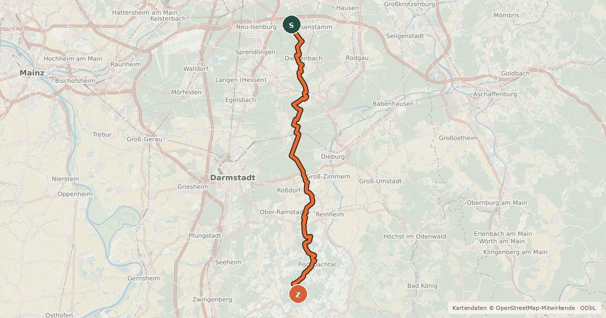 Kartenübersicht der Radroute Südhessen-Route 9