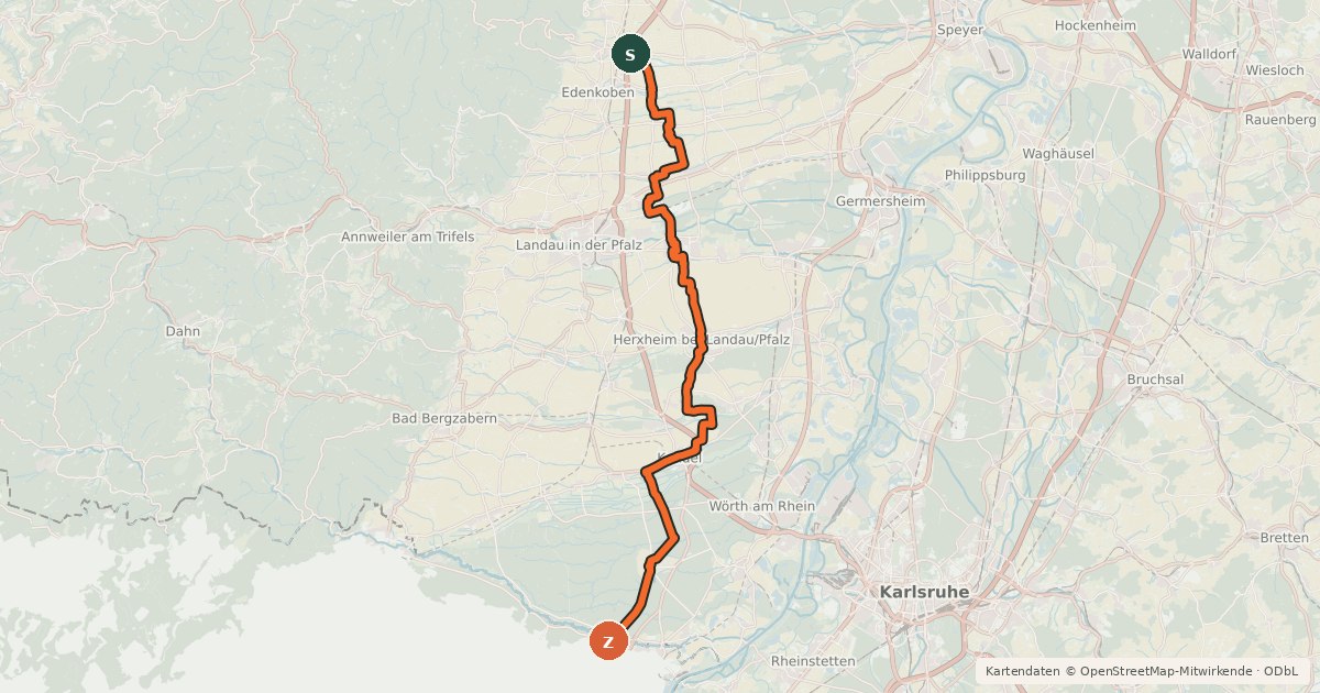Kartenübersicht der Radroute Südpfalzradweg