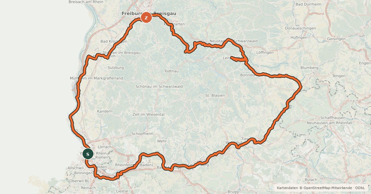 Kartenübersicht der Radroute Südschwarzwald-Radweg
